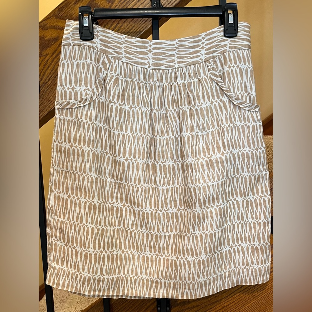 Boden skirt 100% Linen Pockets Lined Tan & Ivory Repeat Pattern SZ. 6 Reg